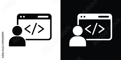 Developer icon showing a user avatar with a code snippet tag inside a browser window, symbolizing web programming, software development, coding skills, and technical support.