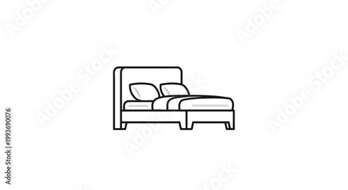 Clean Line Art Icon of a Bed with Pillows and Duvet on White Background