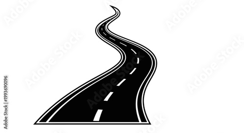 Curving Asphalt Road with White Lane Markings, Isolated on White Background