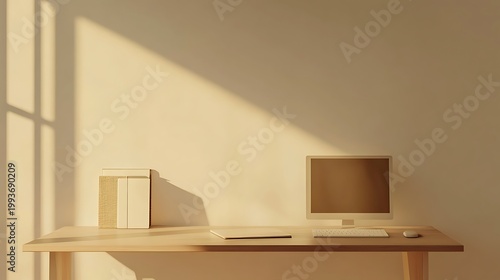 Modern workspace with computer and books on wooden desk