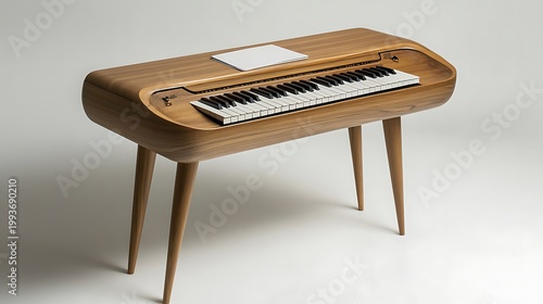 Modern wooden digital piano with a built-in laptop stand and sleek design elements