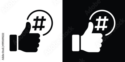 A social media engagement icon featuring a thumbs up hand gesture with a hashtag symbol, ideal for representing likes, viral content, social trends, digital marketing, and positive feedback.