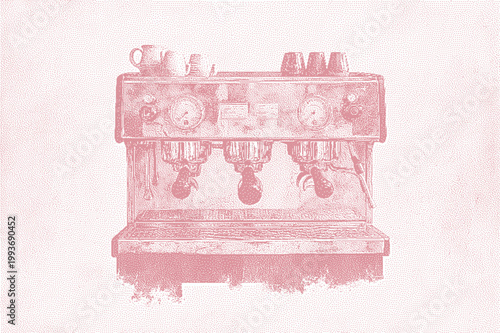 Vintage espresso machine with cups and milk jugs in soft pink tint and textured background