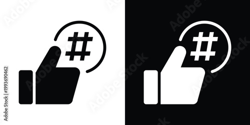 A social media engagement icon featuring a thumbs up hand gesture with a hashtag symbol, ideal for representing likes, viral content, social trends, digital marketing, and positive feedback.