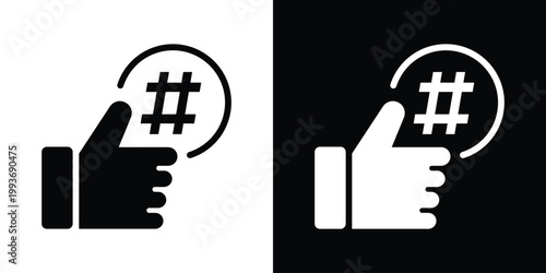A social media engagement icon featuring a thumbs up hand gesture with a hashtag symbol, ideal for representing likes, viral content, social trends, digital marketing, and positive feedback.