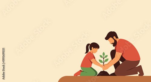 Father and daughter planting small green tree together in garden for environmental sustainability.