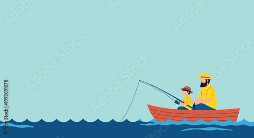 Father and son fishing together from small wooden boat on calm blue sea water during summer trip.