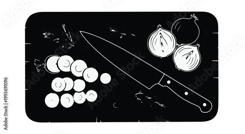 Black kitchen cutting board with white line drawing of knife, onions, and sliced vegetables, cooking illustration for food preparation and recipe design