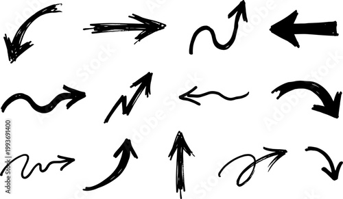 A set of black arrows in different styles, including straight, curved, and wavy lines, pointing in various directions, isolated on white background for versatile design applications