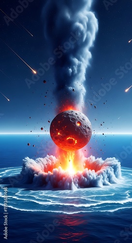 Dramatic depiction of a celestial body impacting the ocean, creating a cataclysmic event.