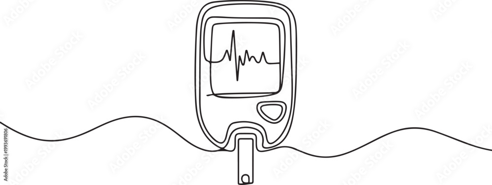 Obraz premium Continuous Line Art Blood Glucose Meter with EKG Wave, Glucose Monitoring Tools Line Art. one line Icon drawing