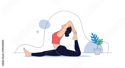 Young woman practicing yoga in a challenging king pigeon pose for flexibility and mental wellness against a clean minimalist background.