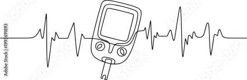 Continuous Line Art Blood Glucose Meter with EKG Wave, Glucose Monitoring Tools Line Art. one line Icon drawing