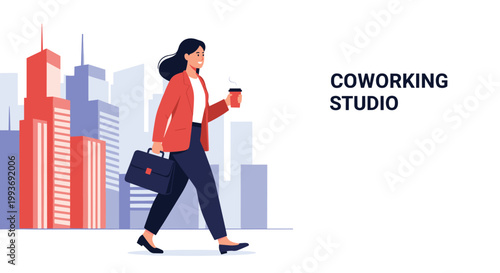 Confident professional businesswoman walking with a briefcase and coffee cup against a modern city skyline for coworking studio.