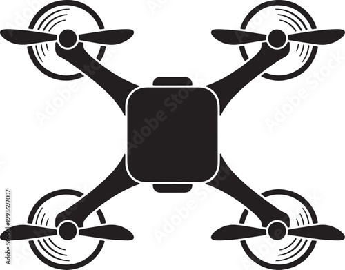 Black quadcopter drone silhouette with four propellers and circular rotor guards also transparent background