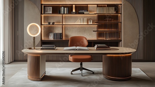 Modern office desk with books and lamp on a rug