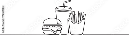 Burger, soda and french fries takeout food in continuous line art drawing style. Fast food minimalist black linear. one line Icon drawing