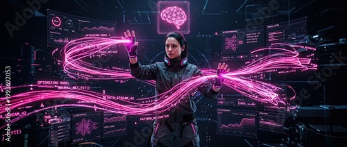 Woman interacting with holographic data streams in a futuristic control room