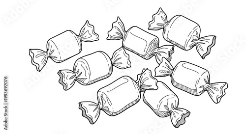 Collection of several hand-drawn wrapped candies or sweets scattered across a white background for festive celebration themes.