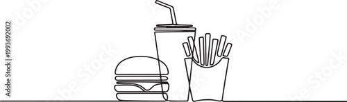 Burger, soda and french fries takeout food in continuous line art drawing style. Fast food minimalist black linear. one line Icon drawing