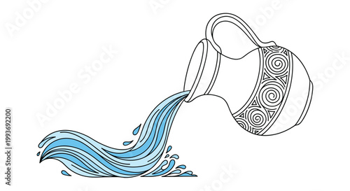 Traditional decorated clay jug tilted to pour out refreshing blue water in a wavy stream for hydration and purity concepts.