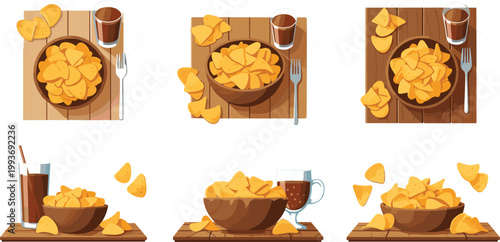 Vector Illustration Set of Crunchy Tortilla Chips in Bowls with Chocolate Dipping Sauce and Snacks on Wooden Boards for Menu and Party Food DesignsVector Illustration Set of Crunchy Tortilla 