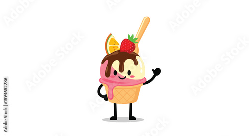 Adorable ice cream character in a cup with two scoops, chocolate sauce, a strawberry, and an orange slice waving its hand.