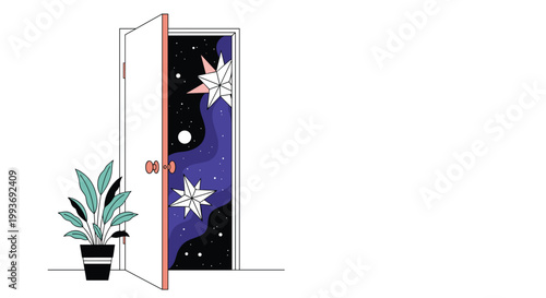 Surreal illustration of an open white door leading into a vibrant deep blue space filled with large twinkling stars and a glowing white moon.