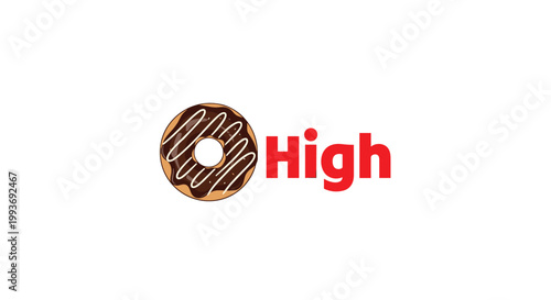 Chocolate glazed donut with white icing drizzle replacing the letter O in the word High written in bold red characters on a white backdrop.