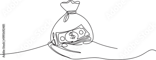 Dollar money bag in continuous one line drawing. Hand holding a sack with cash in simple linear style. one line Icon drawing