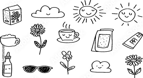 Hand-drawn allergy season sticker sheet with tissue box, flowers, pollen and tea cup for planner stickers, scrapbook elements and printable sticker design