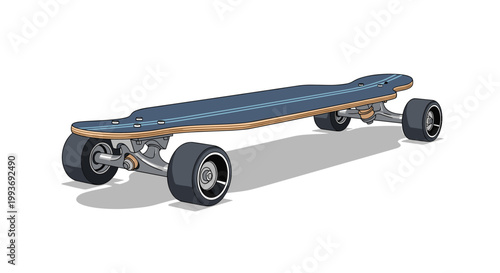 Modern blue longboard skateboard shown from a low perspective with black wheels and wooden deck layers visible on a white background shadow.