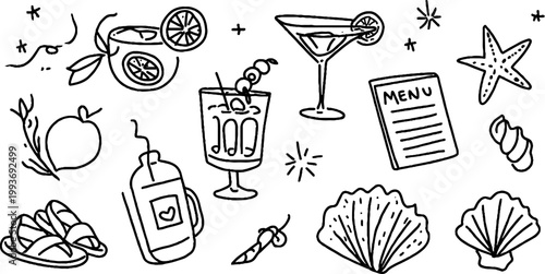 Illustrated aperitivo hour sticker sheet with martini and cocktail glasses citrus garnishes shells and menu icons for summer sticker packs, labels and background design
