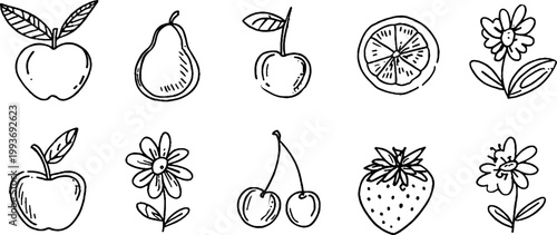 Hand drawn fruit sticker sheet with apple pear cherry strawberry and orange slice for printable sticker designs and scrapbook backgrounds