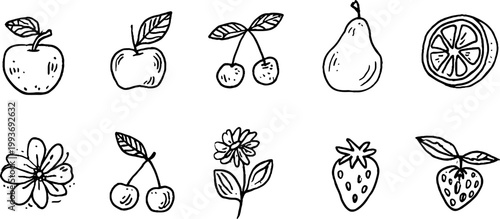 Hand drawn fruit sticker sheet with apple pear cherry strawberry and orange slice for printable sticker designs and scrapbook backgrounds