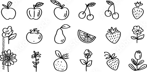 Hand drawn fruit sticker sheet with apple pear cherry strawberry and orange slice for printable sticker designs and scrapbook backgrounds