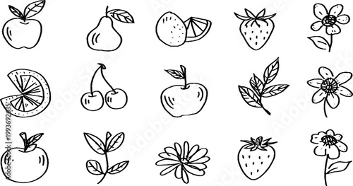 Hand drawn fruit and flower sticker sheet featuring apples pears cherries strawberries and orange slices traced outline icons for planners and crafts