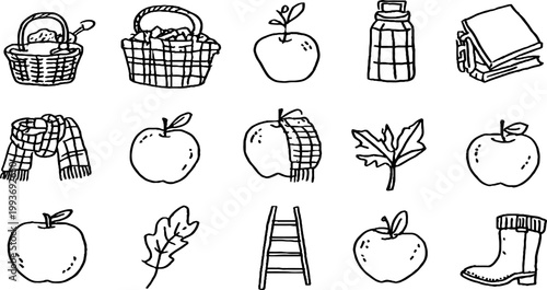 Rustic apple picking sticker sheet featuring baskets apples scarf and ladder for autumn planner stickers scrapbooking labels and craft projects