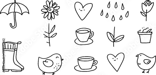 Spring april showers sticker sheet with umbrellas rain boots teacups birds flowers raindrops and hearts for planner scrapbooking craft backgrounds and printable elements