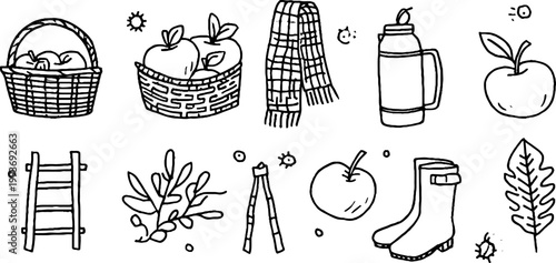 Autumn apple picking sticker sheet with baskets apples scarf ladder and thermos for planner stickers scrapbooking labels seasonal craft and background use