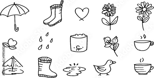 Spring april showers sticker sheet with umbrellas rain boots teacups birds flowers puddles and tiny raindrops for planner scrapbooking craft backgrounds and printable designs