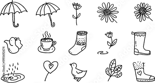 Spring april showers sticker sheet with umbrellas rain boots teacups birds flowers leaves and hearts for planner scrapbooking craft backgrounds and printable elements