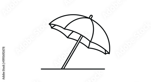Minimalist black and white line drawing of a beach umbrella tilted on a simple horizon line against a clean white background for summer theme.