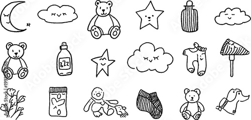 Baby shower moon teddy bear cloud bottle hand drawn sticker sheet with toys socks stars for invitation background and nursery decor printable line art set