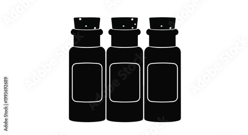 Three glass bottles silhouette icon with cork stoppers isolated on white background