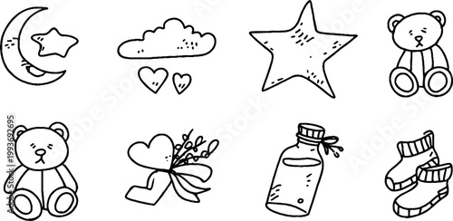 Minimal baby motif sticker sheet with moon stars hearts teddy bear bottle and socks for nursery labels invitations scrapbooking and planner use