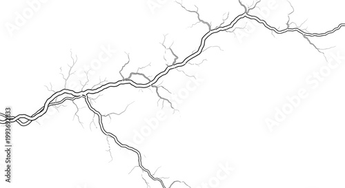 Minimalist black and white map-like illustration of a main river or branch splitting into smaller tributaries across a clean white background.