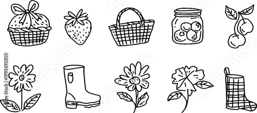 Illustrated hand drawn berry basket sticker sheet with strawberries jars cherries flowers and wellies for scrapbooking planner stickers and craft projects