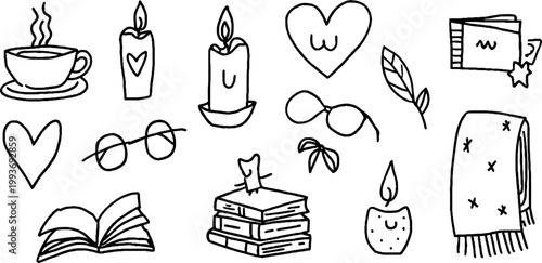 Hand drawn book club romance sticker sheet with teacups candles hearts and bows for cozy reading planner and craft design