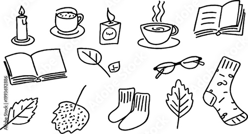 Minimal black line sticker sheet with book teacup candle glasses leaves socks and bookmark icons for cozy planner layouts